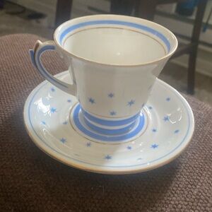 vintage art deco roslyn bone china stella blue stars tea cup & saucer set
